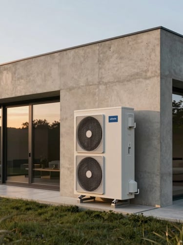 Cinematic side-lit view of a minimalist concrete luxury villa in Luxembourg, featuring a flush-integrated architectural aerothermal heat pump unit, soft evening light.