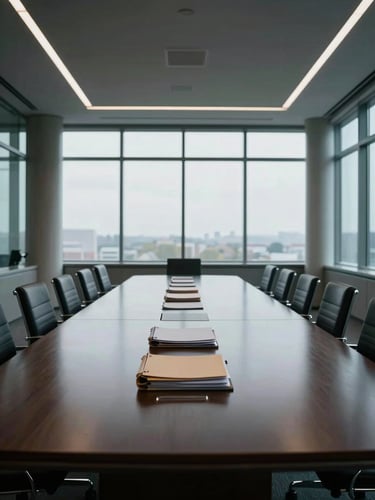 Wide environmental shot of a large empty conference table in a high-ceilinged boardroom, cool north-facing daylight through floor-to-ceiling windows, stacked document folders aligned precisely at the near end, no people present, architectural columns visible at the room perimeter