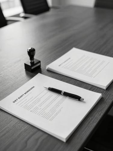 Wide overhead shot of a conference table surface with open contract pages, a notary stamp, and a single pen resting on a clause, north-facing office daylight from the left, monochrome tone, document detail sharp