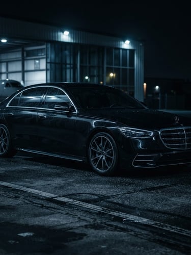 Sleek black executive sedan parked on a private airport tarmac, low-key dramatic cinematic lighting, cool silver reflections, sharp architectural lines.