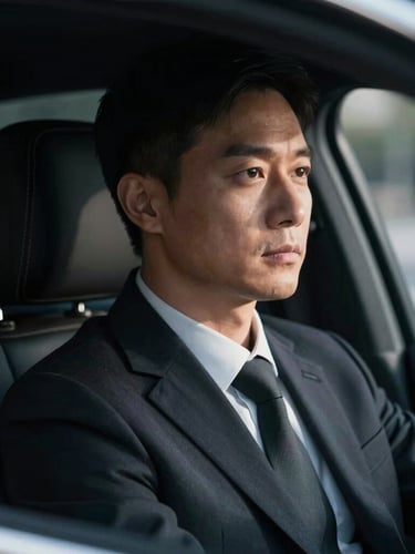 Close-up portrait of a professional security driver in a tailored dark suit, looking ahead with absolute focus, dramatic low-key lighting with cool silver rim highlights, shallow depth of field.