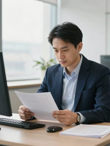 Focused business professional reviewing documents in a modern, well-lit office, soft natural daylight, off-center medium shot, deep blue and neutral tones