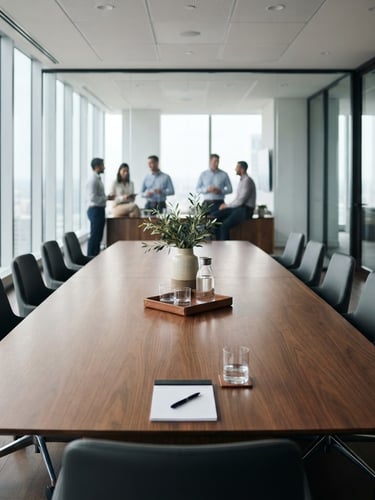 Modern corporate boardroom with a large table, soft diffused light, a few blurred professionals in the background, focus on the clean, empty table surface, wide shot