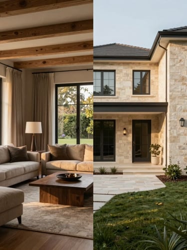 A split-screen architectural composition showing a beautifully styled modern living room with warm linen and oak on the left, and a pristine stone property exterior on the right, soft afternoon light.
