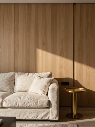 Editorial portrait of a modern, high-end living room with natural afternoon light, showcasing tactile oak paneling, a linen sofa, and brass details.