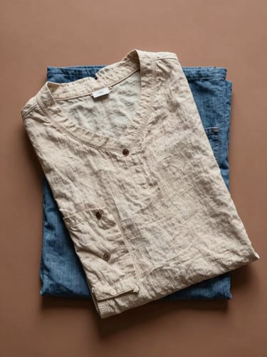 Overhead flatlay on a plain clay-toned surface: a single folded garment in undyed natural linen, seam lines visible, one edge of indigo fabric beneath it, soft overcast daylight from above, no shadows, no props