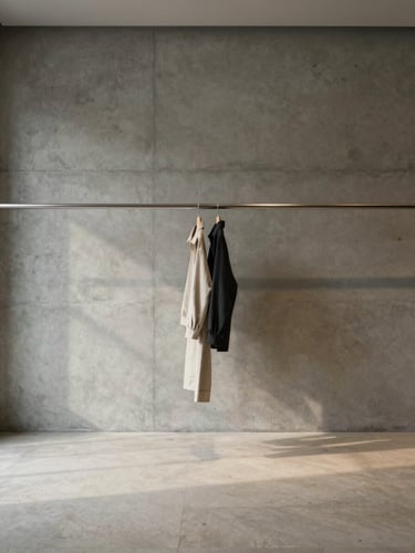 Wide portrait view of a minimalist retail interior, bare concrete wall to the left, a single garment hung on a slim iron rail catching diffused north-facing daylight from an unseen window, floor of pale Indonesian limestone, generous negative space above and below the garment