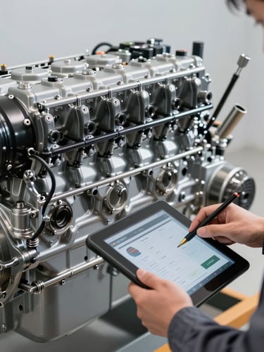 Technical close-up of a certified mechanic in a clean workshop using a diagnostic tablet connected to a massive marine diesel engine, high-contrast studio lighting, sharp focus on metallic textures.