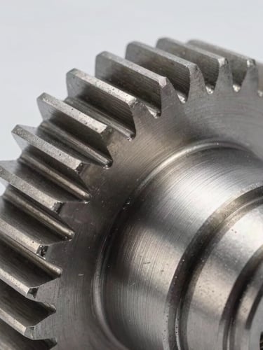 Macro close-up of a high-precision metallic gear with sharp teeth, industrial technical studio lighting, cool metallic textures, sharp focus, 85mm lens