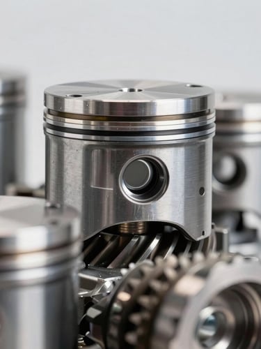 Macro close-up of heavy-duty truck engine pistons and gears, perfectly lubricated, sharp focus on metallic textures, clean workshop background, 85mm lens.