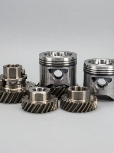 Crisp product photography of metallic engine gears and pistons arranged on a clean, neutral gray workshop counter, technical studio lighting, sharp focus