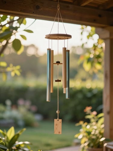 A beautiful Lunsera wind chime hanging from a rustic wooden porch ceiling, warm golden hour sunlight filtering through lush garden greenery, 50mm lens, shallow depth of field.