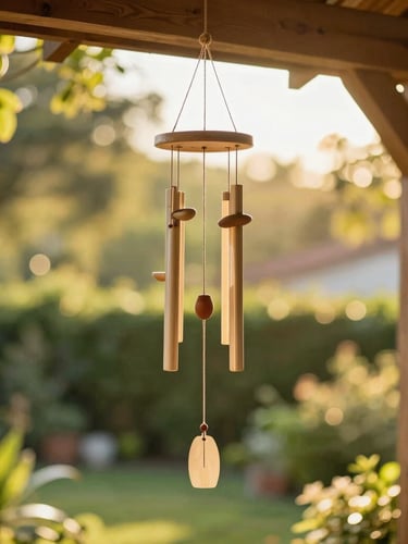 A beautiful Lunsera wind chime hanging from a rustic wooden porch ceiling, swaying gently. Warm golden hour sunlight filtering through lush garden greenery in the background, creating soft bokeh effect, 50mm lens.