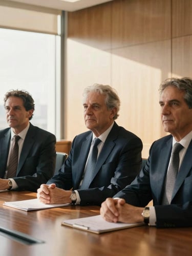 Warm editorial corporate portrait of senior financial advisors in a high-end, sunlit boardroom in São Paulo, natural side-lighting, professional and serious atmosphere, 35mm