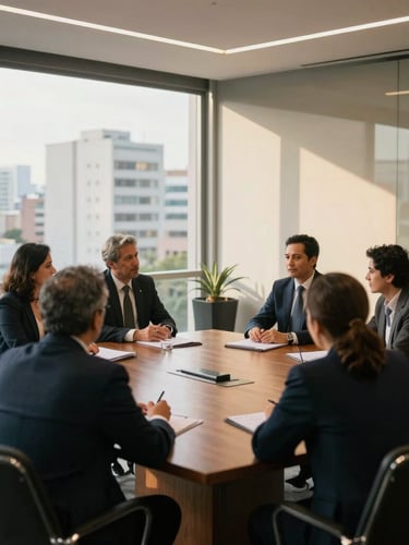 Wide-angle editorial corporate photograph of a modern glass-walled boardroom in São Paulo, natural afternoon window light, professional executives engaged in a strategic discussion around a wooden table, shallow depth of field, 35mm.