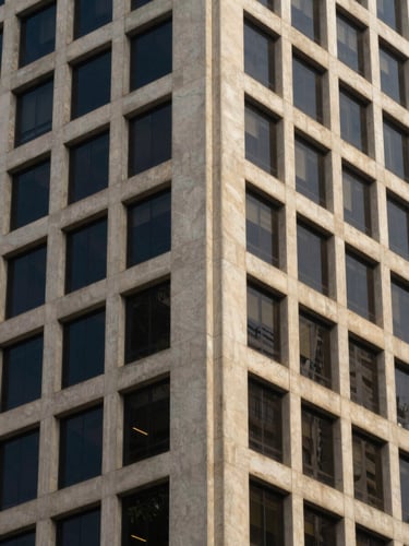 Elegant close-up of modern architectural lines of a financial district building in Brazil, soft daylight reflecting on glass and concrete, clean minimalist composition