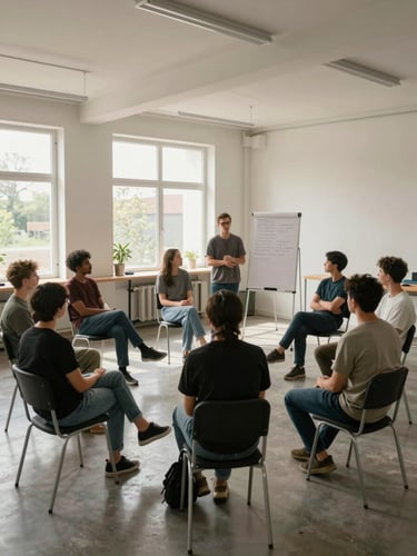 Wide shot of a workshop room, participants seated in a loose circle of chairs, one facilitator standing near a flip-chart with handwritten notes visible, natural light through large windows, neutral walls, people attentive and mid-discussion, no one looking at camera