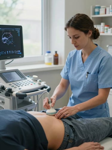 Medium shot inside an H-Shape health post, a nurse-entrepreneur's hands adjusting an ultrasound probe on a patient's abdomen, natural daylight from a clinic window illuminating the equipment and workspace, medication storage visible on a shelf behind her