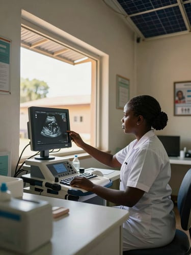 Wide interior shot of an H-Shape health post clinic in South Sudan, a midwife nurse-entrepreneur at her workstation examining an ultrasound monitor, natural daylight pouring through an open clinic window, solar-panel wiring visible overhead, medical equipment on the counter in the foreground, warm documentary framing
