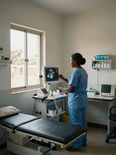Wide environmental interior of a solar-powered H-Shape health post clinic in South Sudan, natural daylight flooding through a window opening on the left, a South Sudanese midwife in clinical scrubs standing at an examination station reviewing an ultrasound screen, medical equipment — pulse oximeter, medication storage, monitors — visible throughout the room, documentary framing, no sentimentality