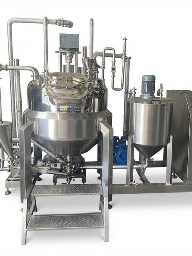Industrial stainless steel vacuum emulsifying mixer machine for chemical and cosmetic processing.