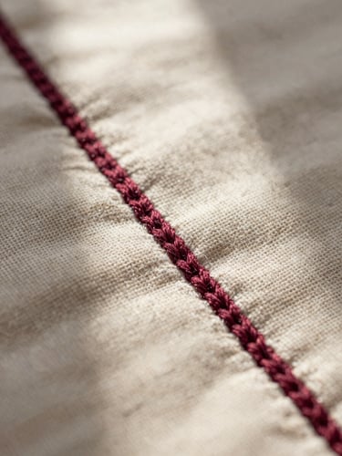 Macro close-up of thick maroon cotton embroidery stitches on heavyweight beige linen fabric, soft side window light casting delicate shadows on the textile fibers.