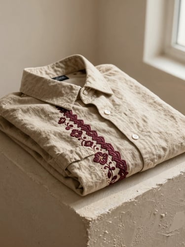 A folded beige embroidered linen shirt resting on a textured plaster block, warm directional light from the side, soft editorial aesthetic.