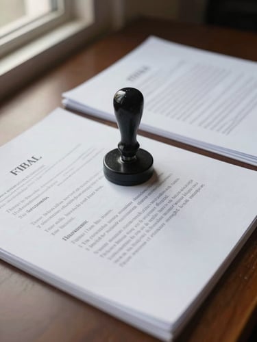 Close-up overhead of a desk with organized legal documents, an official stamp resting on a signed contract page, warm office ambient light from a window to the left, paper texture visible in sharp detail