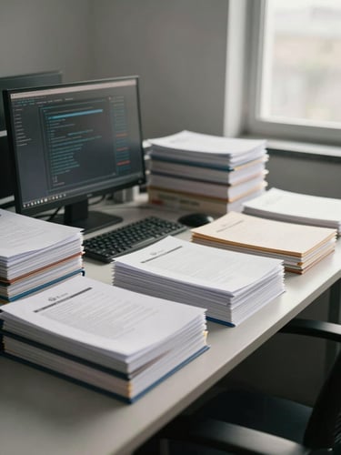 Wide panoramic view of an organized office desk from the side, legal folders stacked neatly, a computer screen showing a secure data interface, natural window light entering from the right, warm gray tones throughout