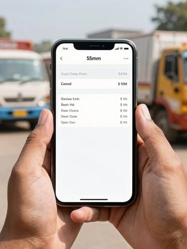 Crisp mobile app photography, close-up of hands holding a smartphone displaying a digital lorry receipt with clean tables, bright daylight in an Indian transport yard, sharp focus, 35mm