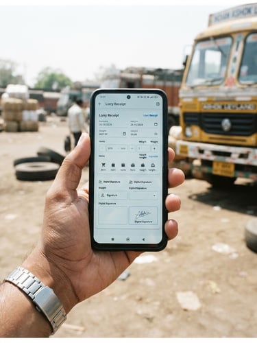 A close-up of a hand holding a modern smartphone showing a clean digital lorry receipt interface, bright daylight, realistic Indian transport yard with a yellow truck parked in the background, sharp focus, 35mm