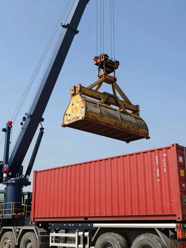 Industrial commercial photography, low-angle shot of a heavy crane truck unloading a red shipping container on a construction site, bright clear daylight, sharp focus, 35mm