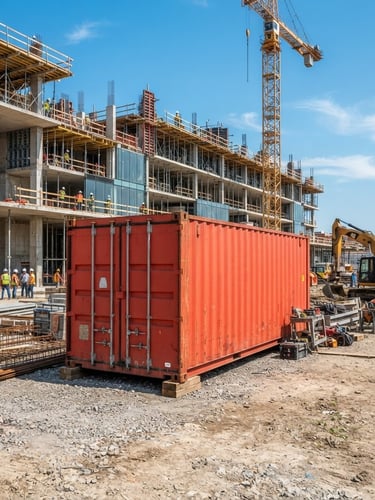 Un conteneur maritime rouge vif posé sur un chantier de construction moderne, ciel bleu clair, lumière du jour éclatante, cadrage dynamique grand angle, photographie industrielle de précision