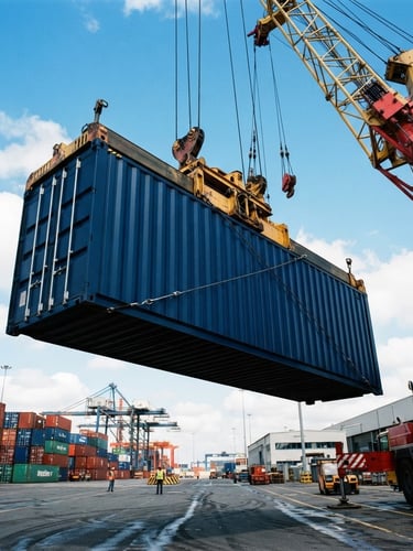 Low-angle dynamic shot of a pristine navy blue shipping container suspended from a crane truck, bright clear daylight, industrial site background, sharp focus