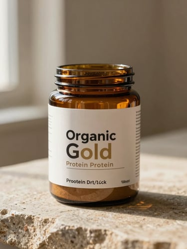 An elegant amber glass jar of Organic Gold protein powder standing on a rough-hewn stone surface, warm diffused sunlight casting soft shadows
