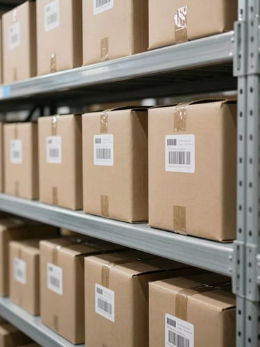 Close-up of organized metal storage shelves inside a secure warehouse, neatly labeled parcels with barcode stickers, bright and clean environment