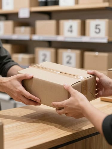 Medium shot of hands exchanging a neatly wrapped cardboard package over a clean wooden counter in a bright, modern storefront, organized shelves with clear numbering in the background, high-contrast natural daylight.