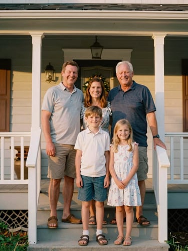 A warm environmental portrait of a smiling local family standing together on the front steps of their home in Ohio, soft golden-hour natural light, shallow depth of field, 35mm film look