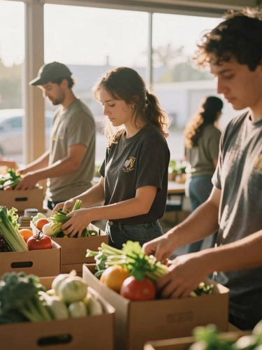 A warm medium shot of volunteers packing fresh produce boxes in a sunlit Columbus community center, golden-hour natural light, 35mm film look.