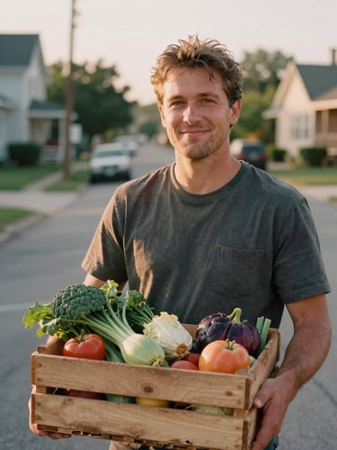 A warm, natural golden-hour medium portrait of an Ohio volunteer smiling gently, holding a wooden crate of fresh local produce, soft background of a neighborhood street, 35mm film look