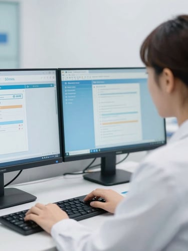 Close-up of a professional medical administrator working on dual monitors in a bright, clean clinical environment, neutral daylight, clinical blue tones, sharp focus, 35mm