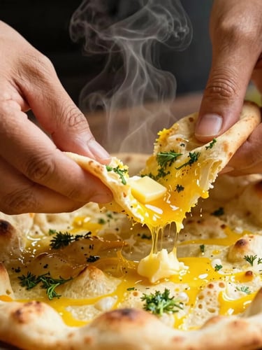Close-up of hands tearing fresh garlic naan, steam rising, glistening butter, macro food photography, warm lighting, shallow depth of field