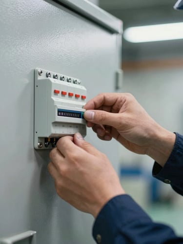 Close-up macro shot of a plant engineer's hands adjusting an electrical control panel, crisp industrial lighting, steel gray and deep navy tones, high contrast