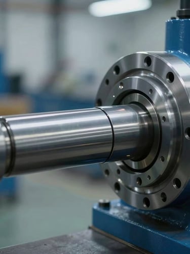 Macro photograph of a heavy-duty industrial turbine shaft being calibrated by a precision tool, dramatic side lighting, steel blue tones, sharp focus, 35mm.