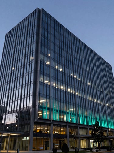 Wide-angle architectural photograph of a modern glass corporate headquarters in Santiago at twilight, cool-toned lighting with sharp shadows and electric cyan highlights, 35mm