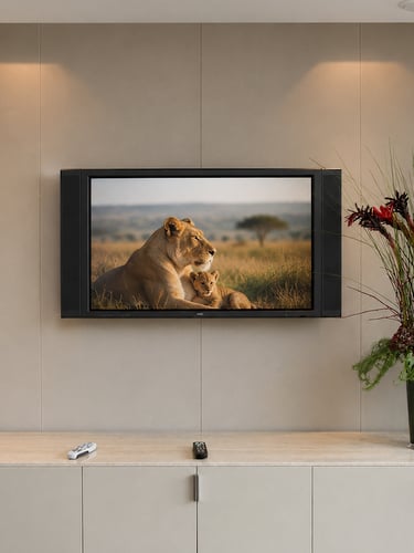 Neutral stretch-fabric wall finish around a TV wall with fitted storage in a contemporary living spa