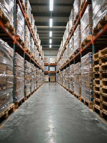 Wide environmental view along a warehouse aisle, floor-level framing looking toward stacked cargo pallets under fluorescent overhead light, organized rows of shelving receding into depth, no people