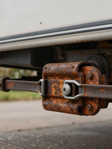 Close-up of a rusty caravan chassis coupling and safety cable, overcast sky, realistic Dutch driveway background.