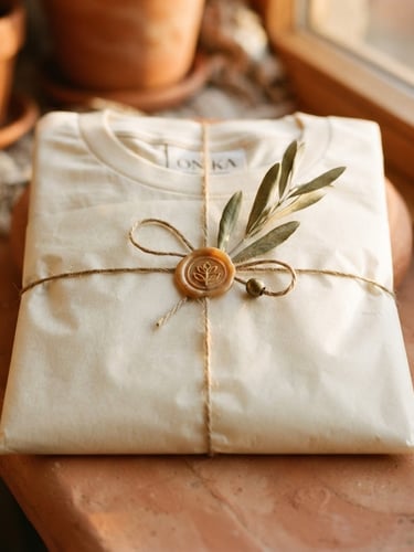Close-up of a beautifully packaged ONIKA t-shirt, wrapped in tissue paper with a small devotional detail, soft golden-hour window light, rich cream and terracotta tones, shallow depth of field, 35mm