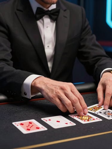 Close-up of a professional live dealer in a dark luxury studio with cyan neon accents, dealing cards on a sleek black table, portrait aspect